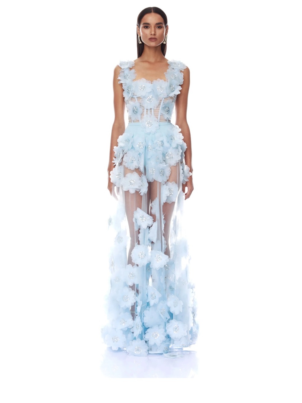 Bronx and Banco Light Blue 3D Floral Tulle Maxi Dress
